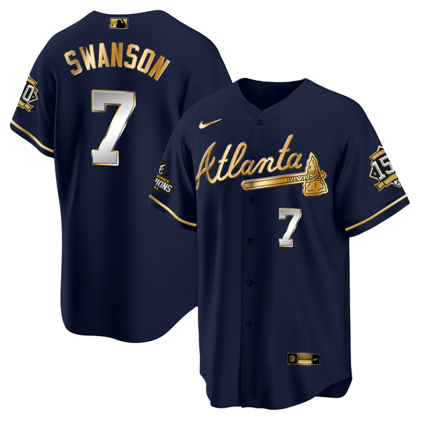 Men's Atlanta Braves #7 Dansby Swanson 2021 Navy/Gold World Series Champions With 150th Anniversary Patch Cool Base Stitched Jersey